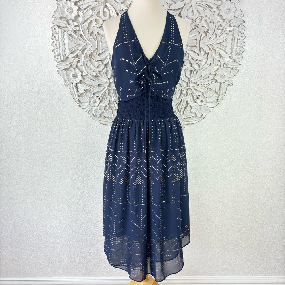 {Ramy Brook} Mason Navy Studded Embellished V-Neck Midi Dress, Size S
